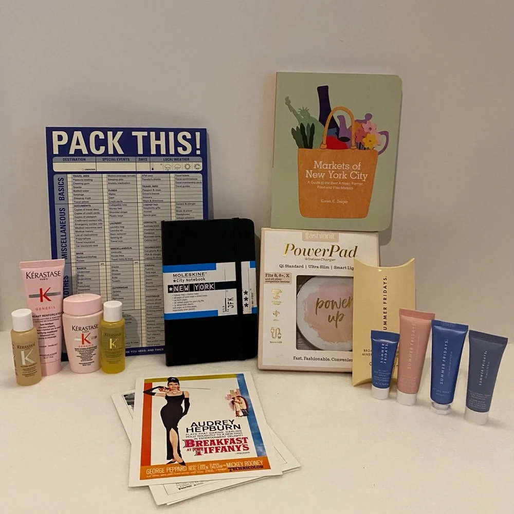 Travel/New York/Skin Care/Hair Samples/PowerPad/Everything in photo.